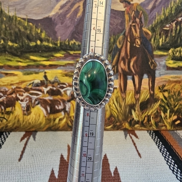 Vintage Sterling Silver Malachite Stone Statement Ring Oval Round - Picture 2 of 10